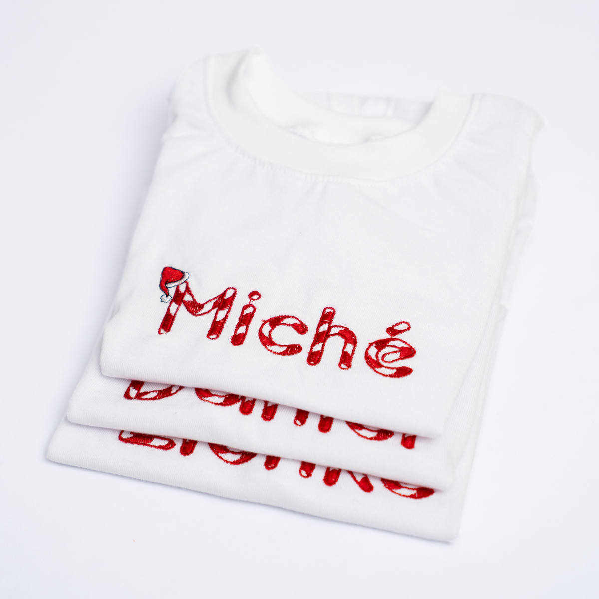 Personalised Name T-Shirt | Custom Embroidery | White with Candy Cane Embroidery