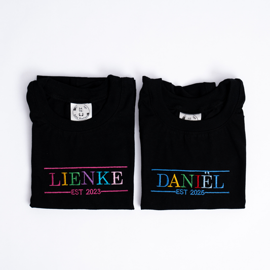 Personalised Name T-Shirt | Custom Embroidery | Black with multi-colour embroidery