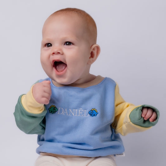 Personalised Name Sweater | Custom Embroidery |  Blue Colour Block Dinosaurs