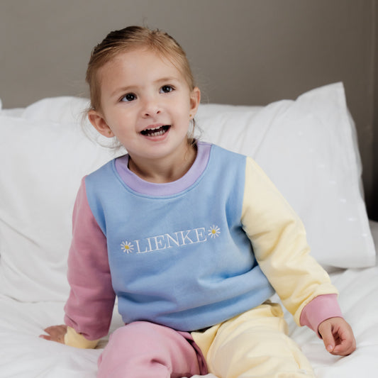 Personalised Name Sweater | Custom Embroidery |  Blue Colour Block Daisies