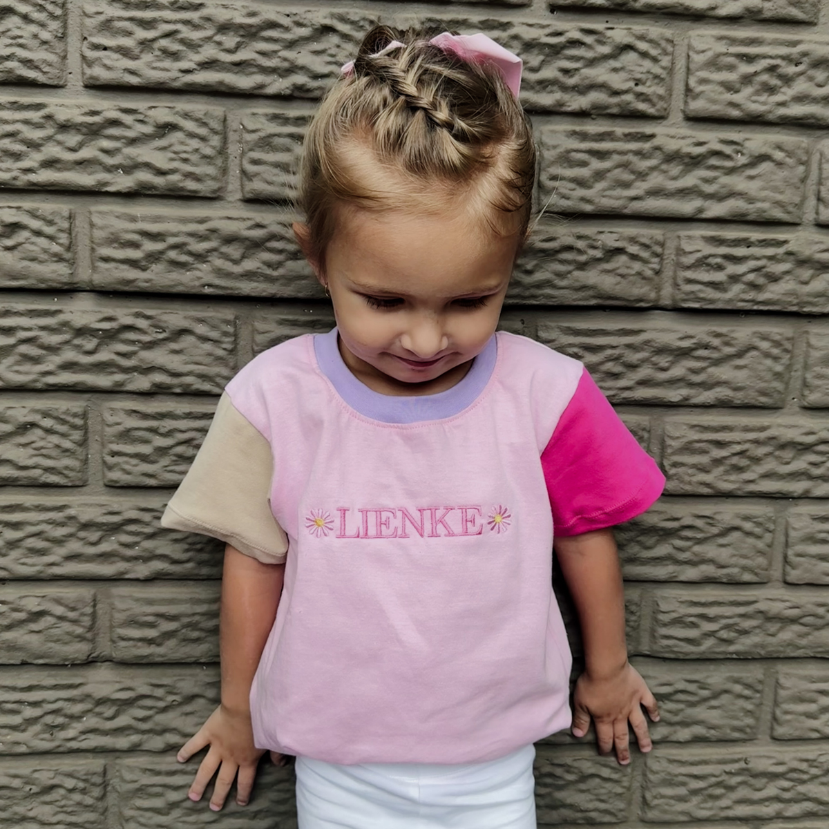 Personalised Name T-Shirt | Custom Embroidery | Blush Pink Colour Block Daisies