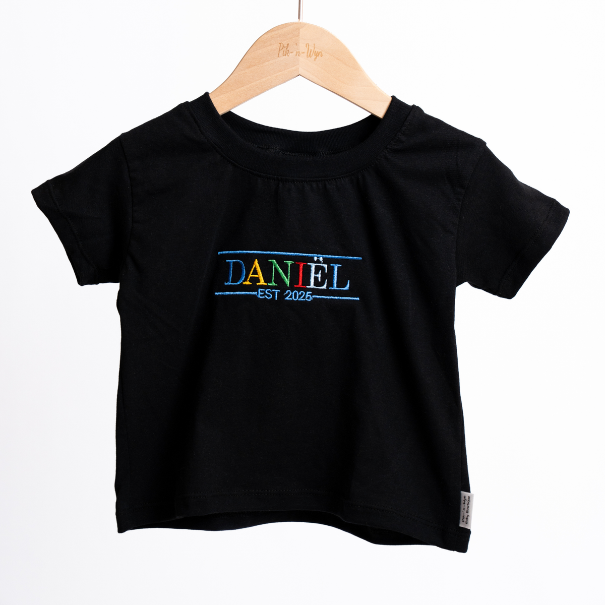 Personalised Name T-Shirt | Custom Embroidery | Black with multi-colour embroidery