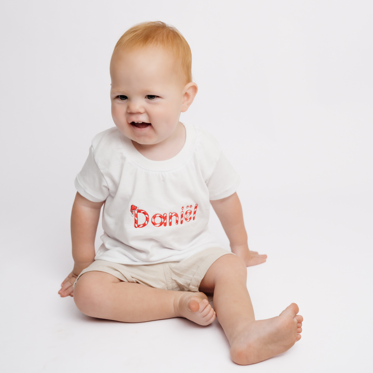Personalised Name T-Shirt | Custom Embroidery | White with Candy Cane Embroidery