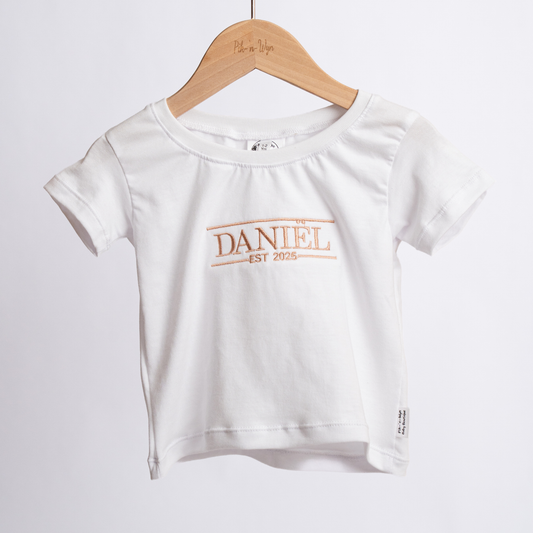Personalised Name T-Shirt | Custom Embroidery | White with Teddy Brown Embroidery