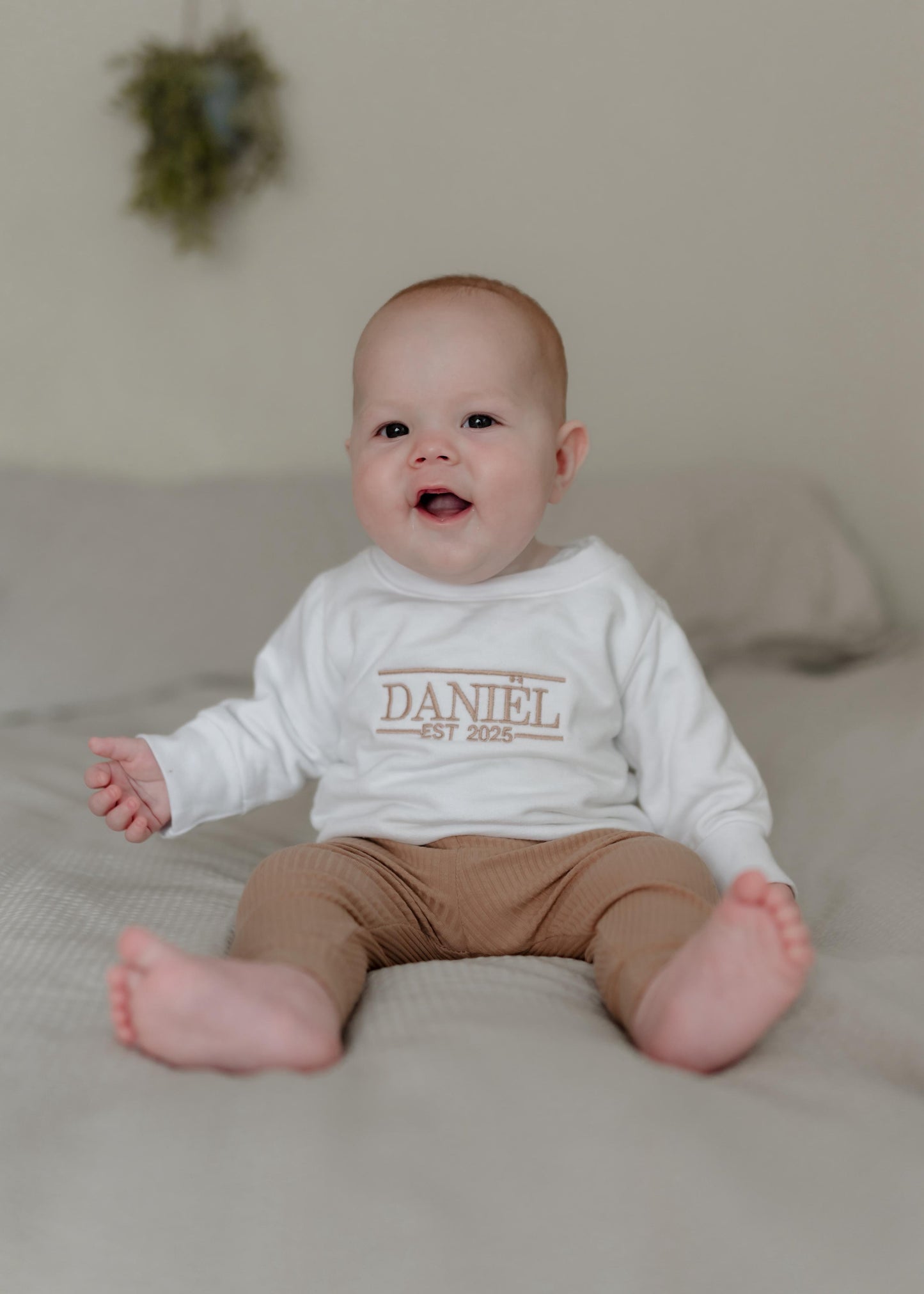 Personalised White Sweater - Teddy Brown Embroidery