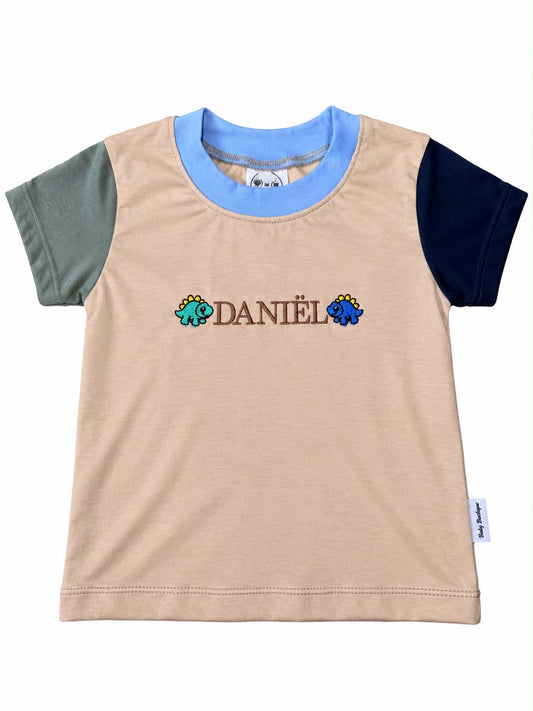 Personalised Name T-Shirt | Custom Embroidery | Stone Colour Block Dinosaurs