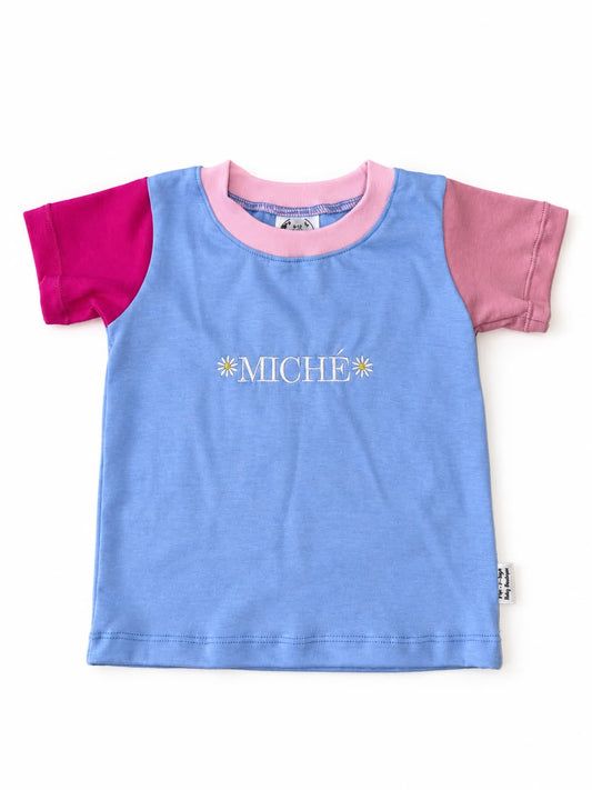Personalised Name T-Shirt | Custom Embroidery | Blue Colour Block Daisies