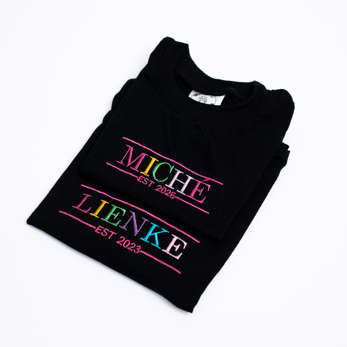 Personalised Name T-Shirt | Custom Embroidery | Black with multi-colour embroidery