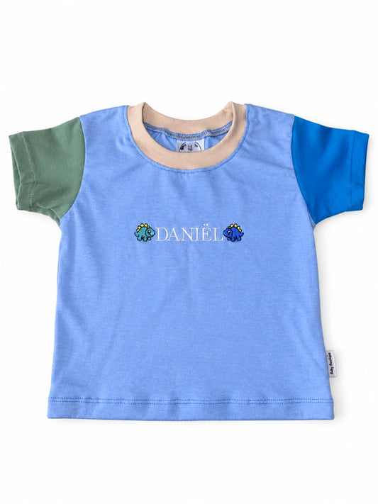 Personalised Name T-Shirt | Custom Embroidery | Blue Colour Block Dinosaurs